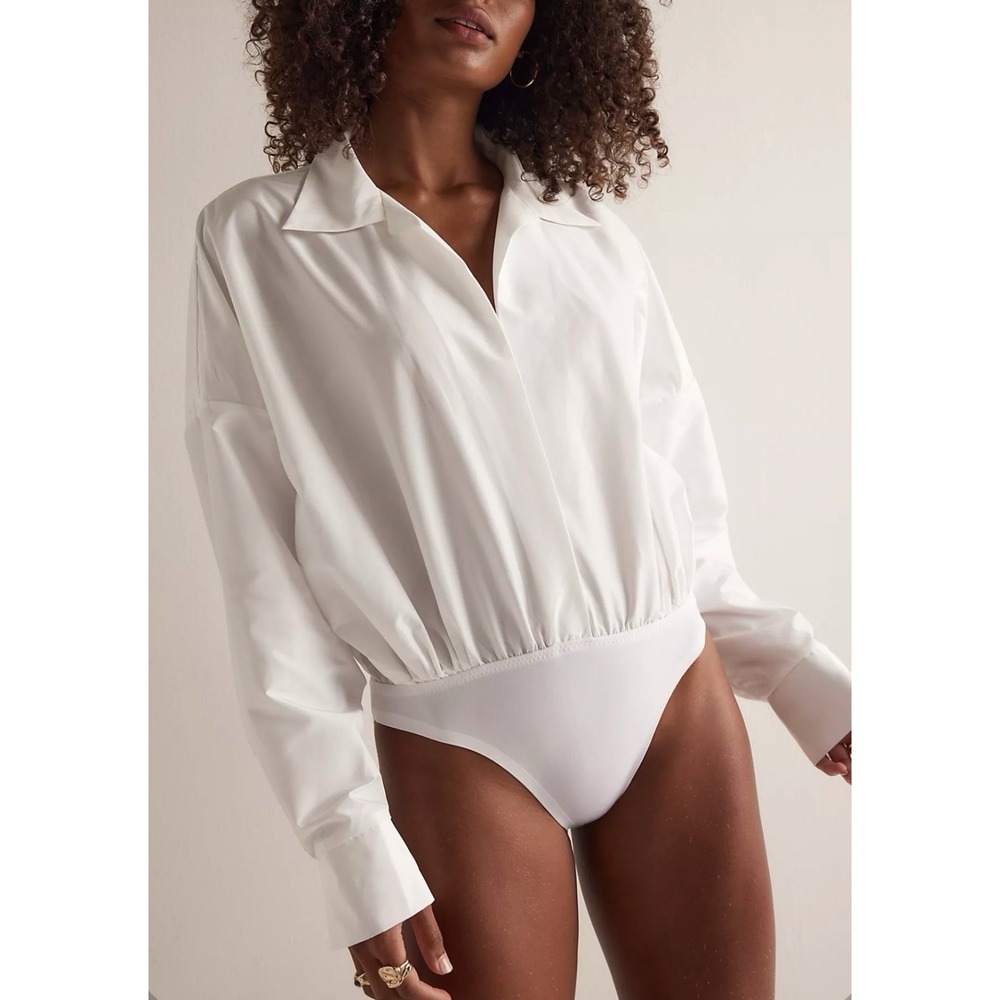 Norma Kamali Oversized Shirt Bodysuit M White Clean Girl Quiet Luxury Minimalist